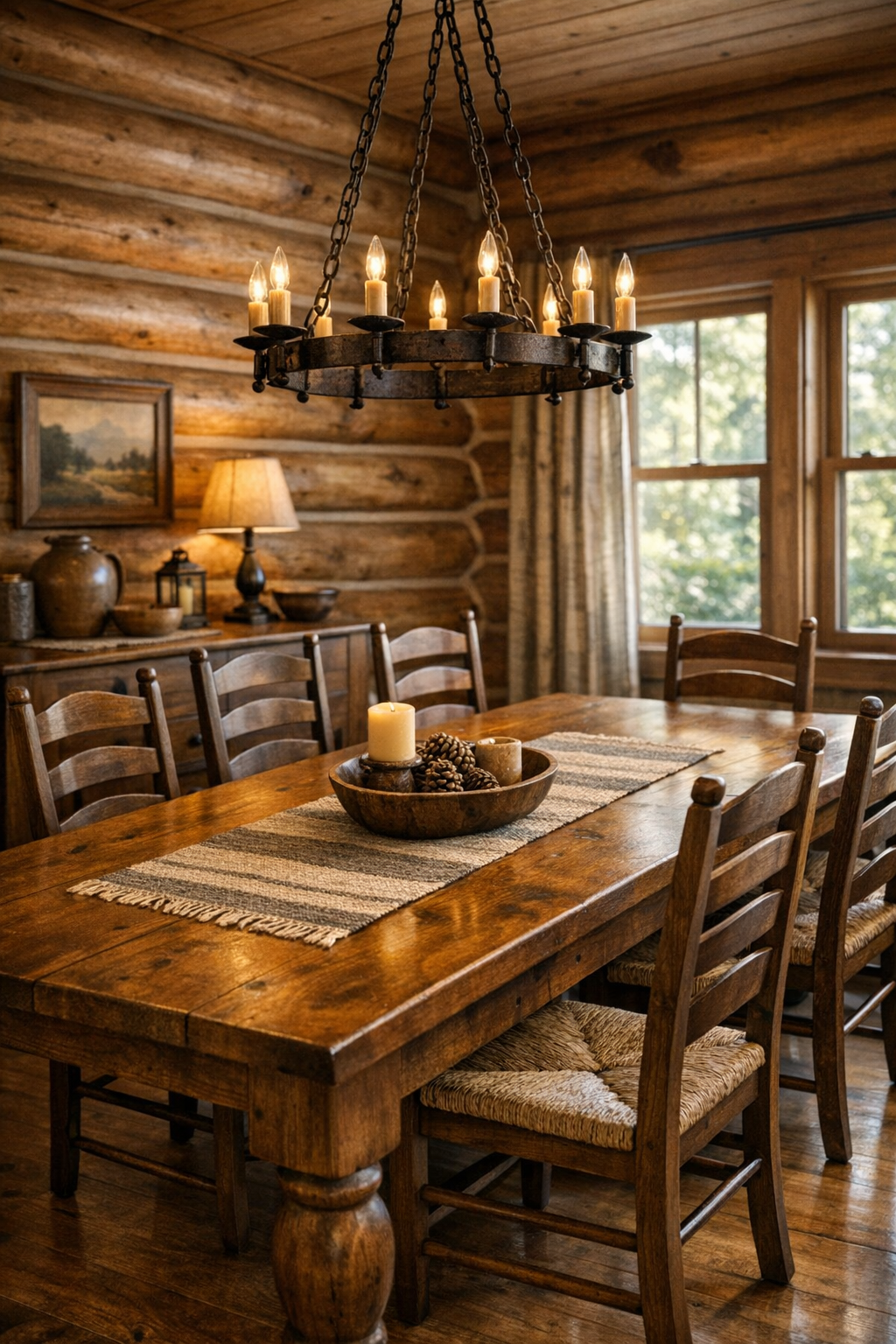 Handcrafted wood dining room with large table and soft natural light