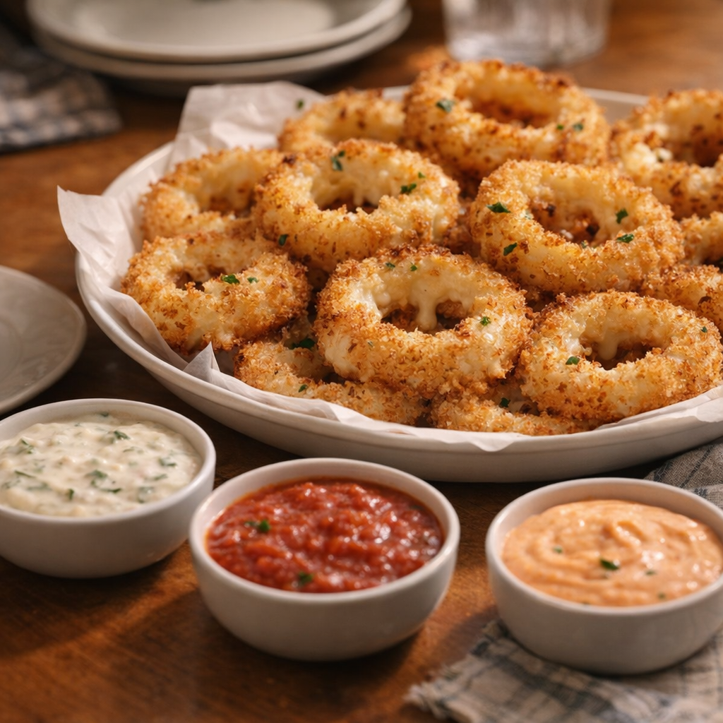 Onion rings served with three dipping sauces on a casual dinner table