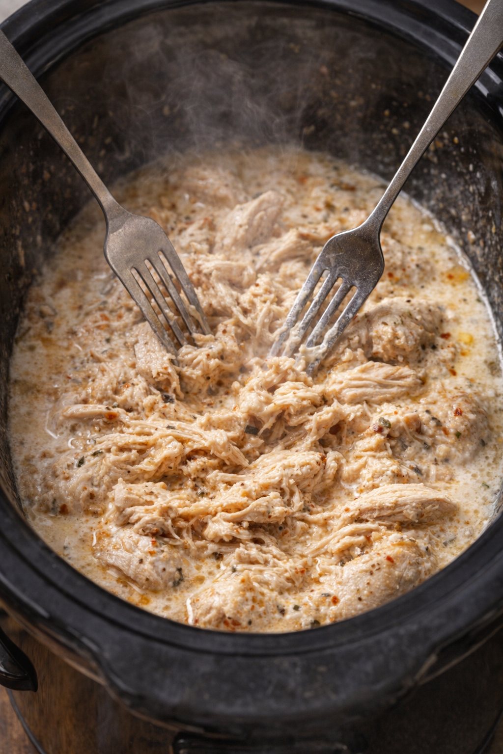 Tender chicken being shredded in the slow cooker