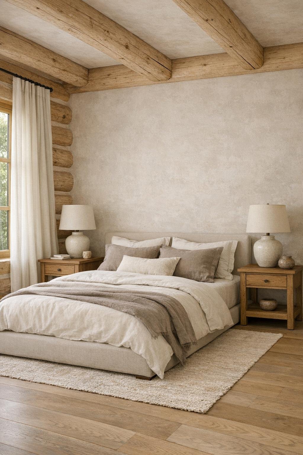 Bedroom with linen upholstered bed, oak nightstands, and layered neutral textiles