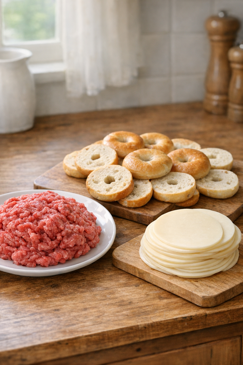 Mini bagels, ground beef, and provolone cheese on a kitchen counter