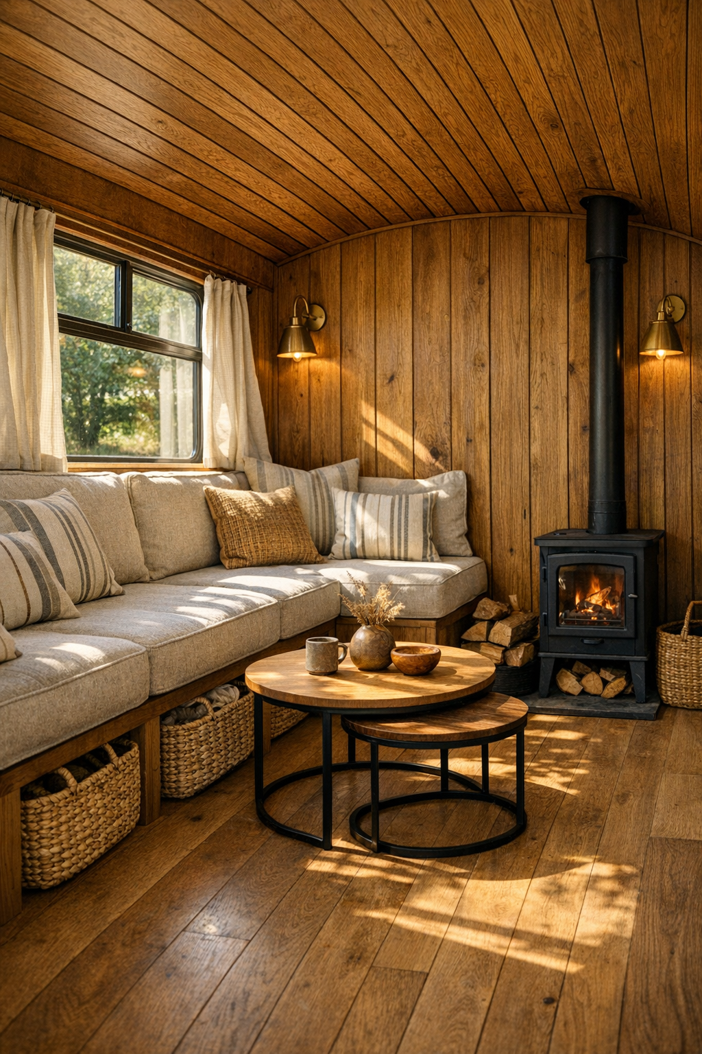 Rustic converted bus living room with built-in bench seating and warm wood finishes