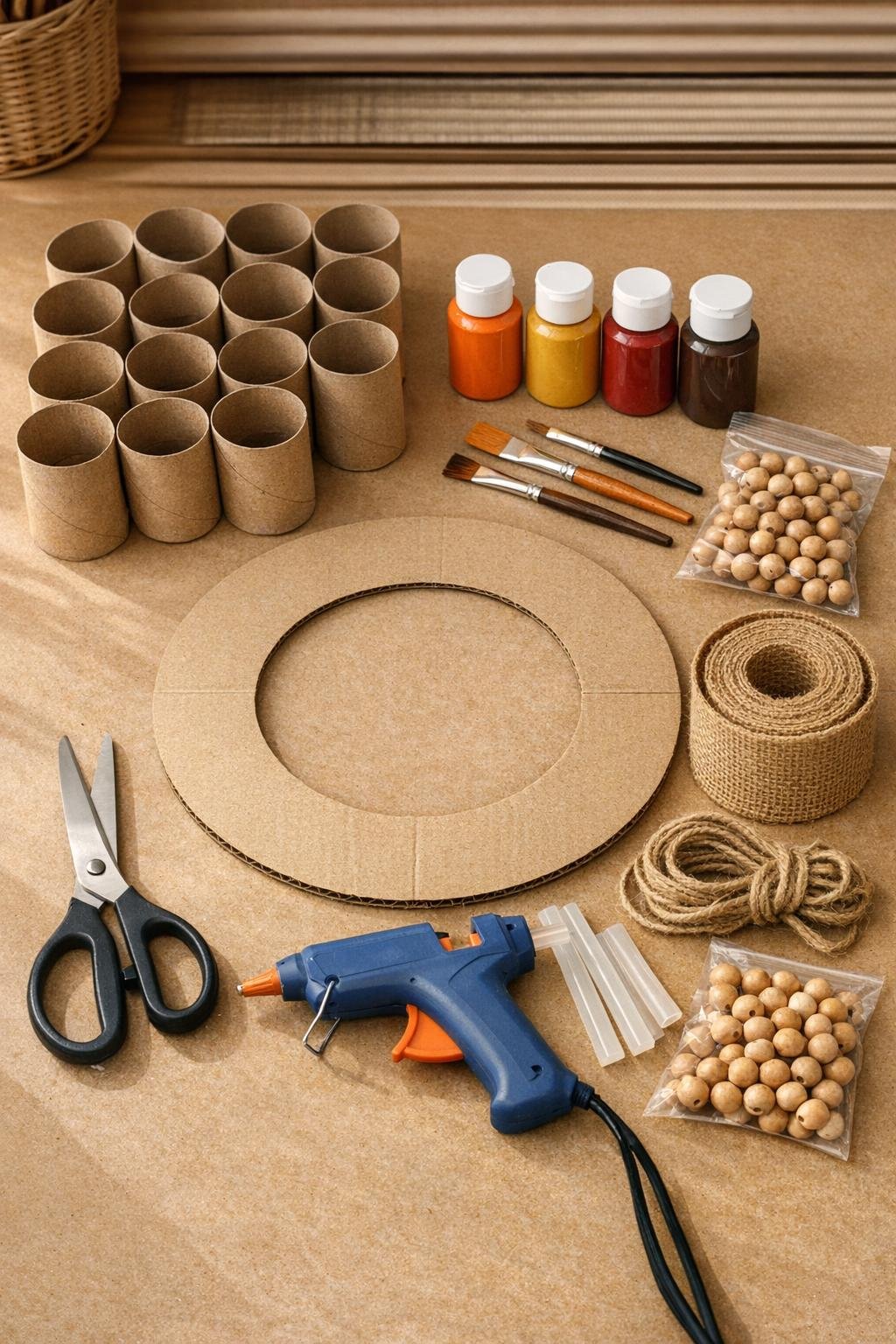 Materials for a cardboard roll harvest wreath laid out on a craft table