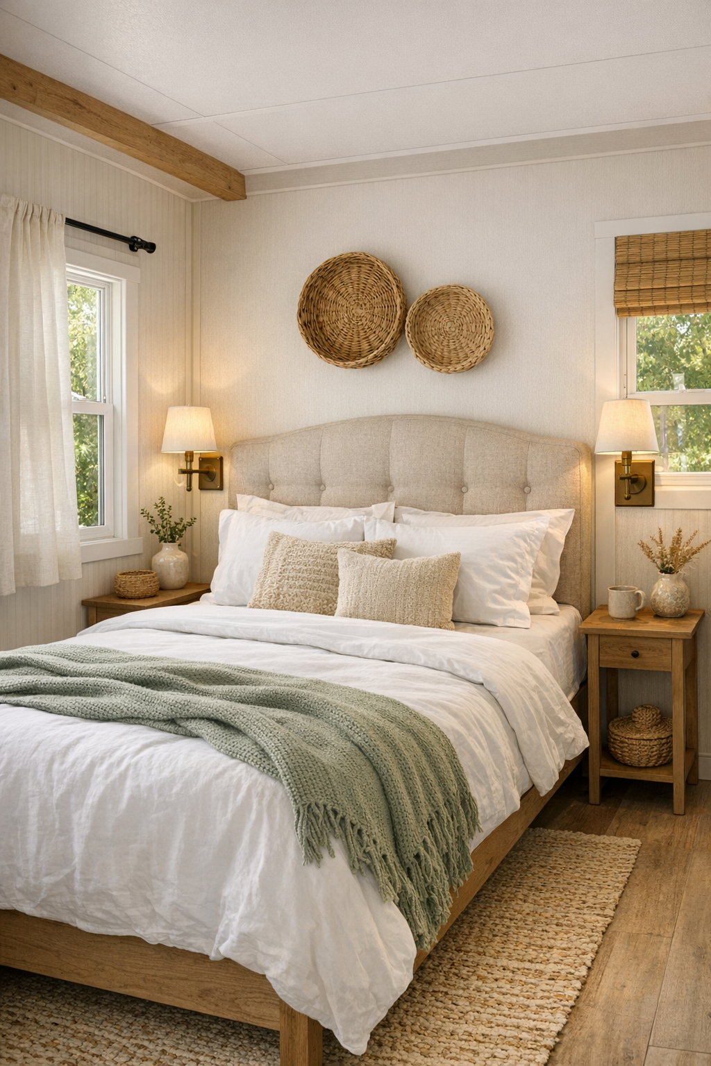Peaceful bedroom with upholstered headboard, white bedding, and sage accents