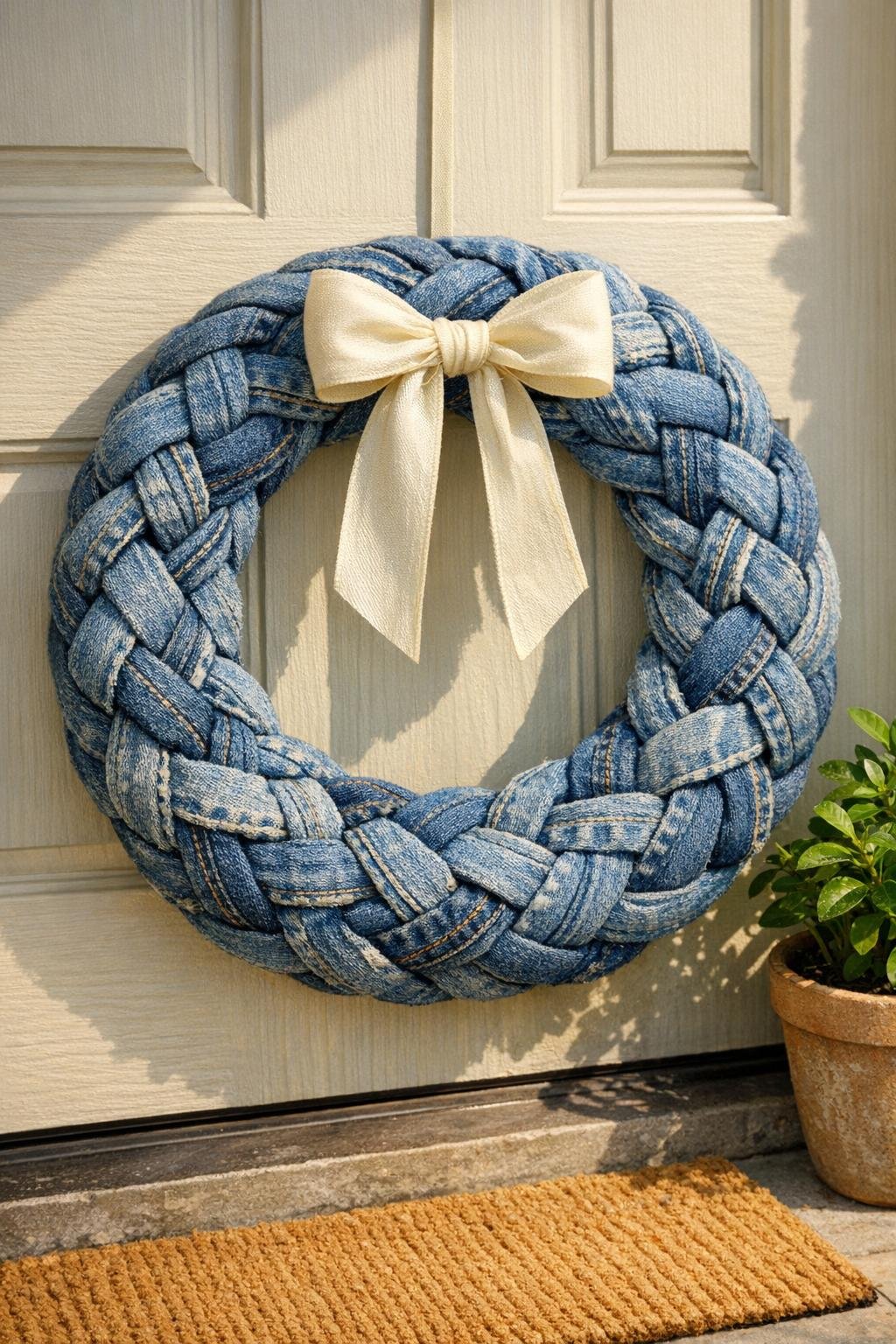 Finished braided denim wreath hanging on a front door