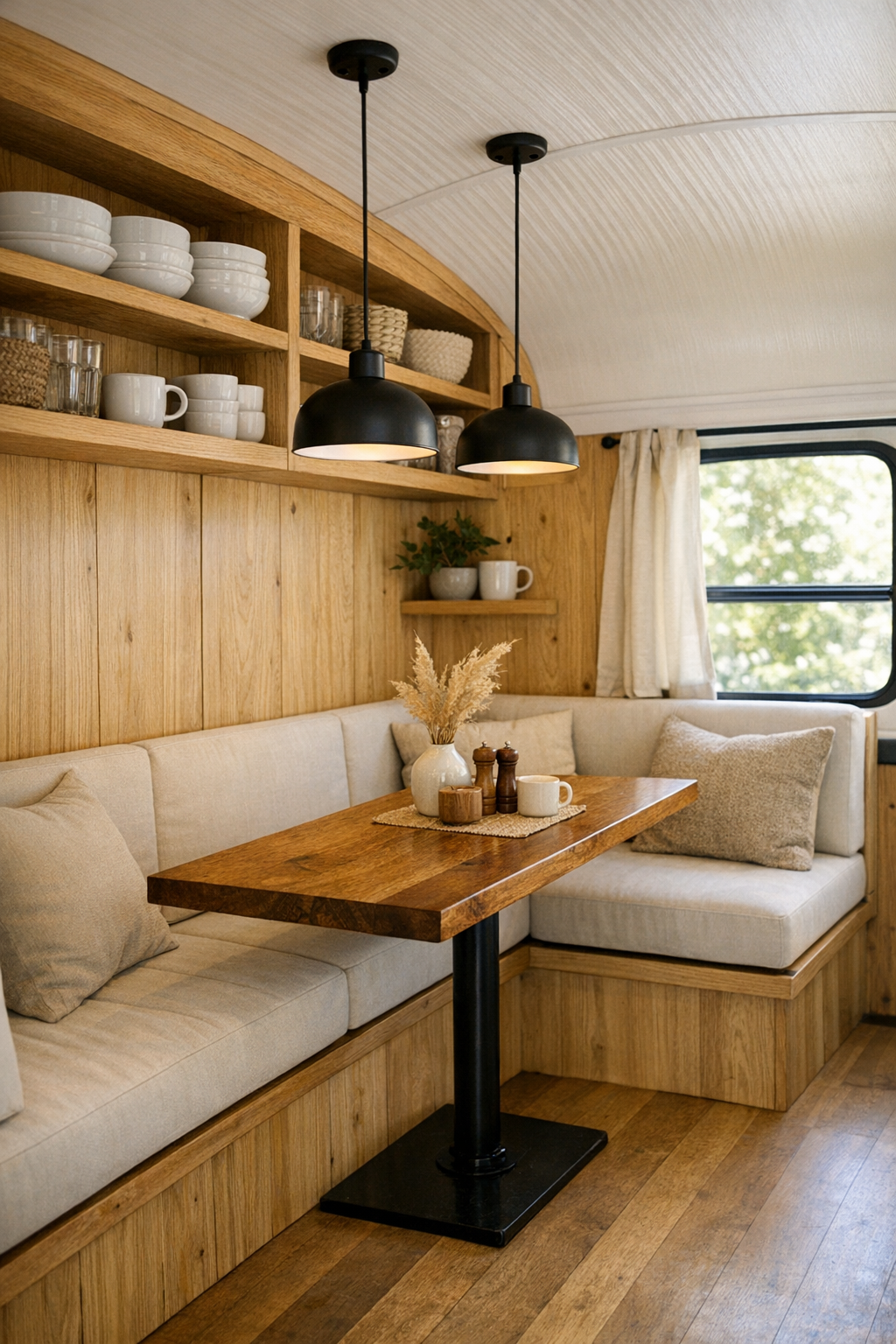 Built-in dining nook inside a converted bus with wood table and pendant lights