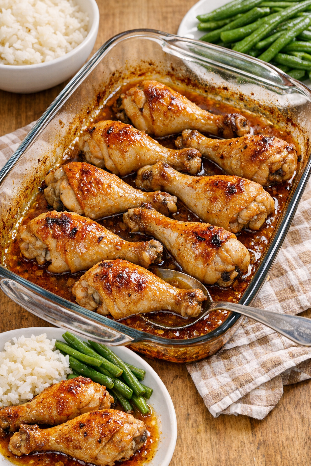 Baked chicken drumsticks in a glass casserole dish