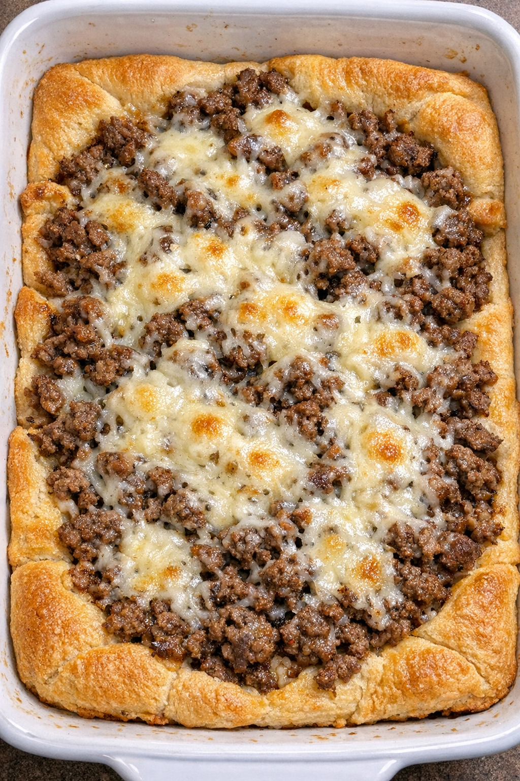 Finished beef crescent tart with golden crust and melted Swiss cheese