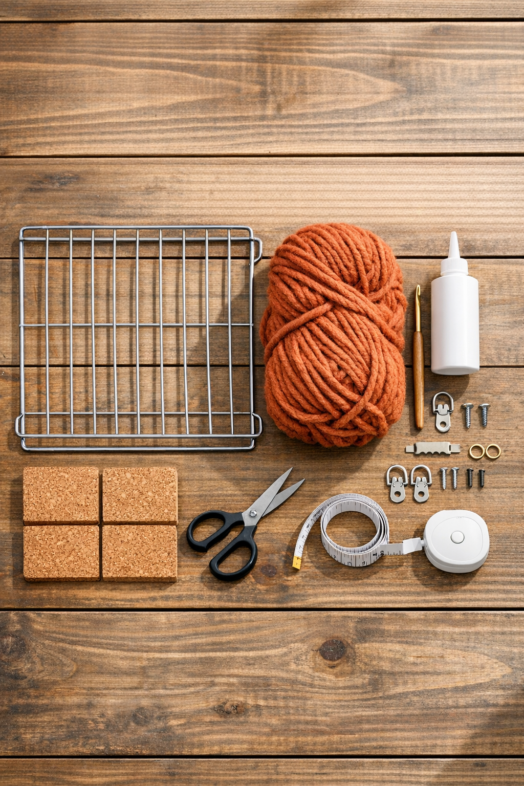 Materials for the crochet oven rack bulletin board laid out together