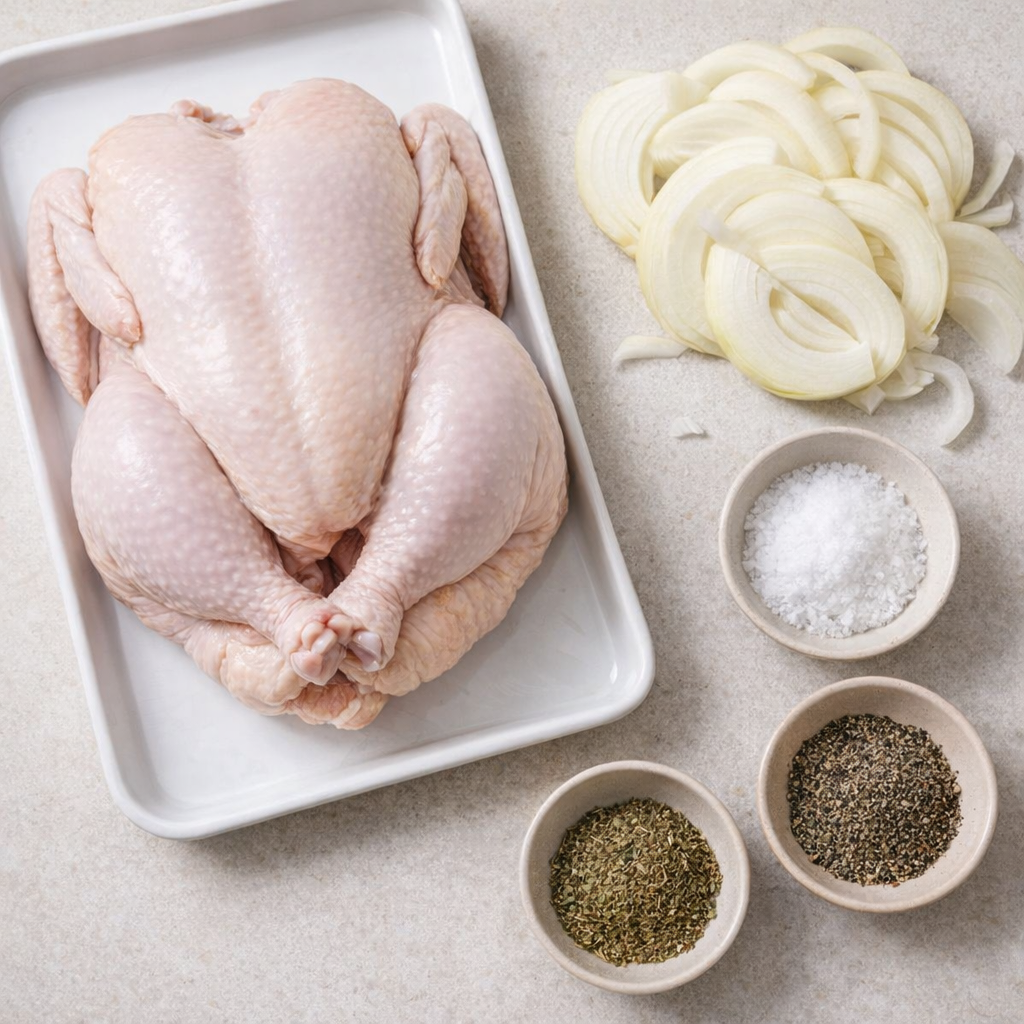 Chicken and simple ingredients arranged on a kitchen counter