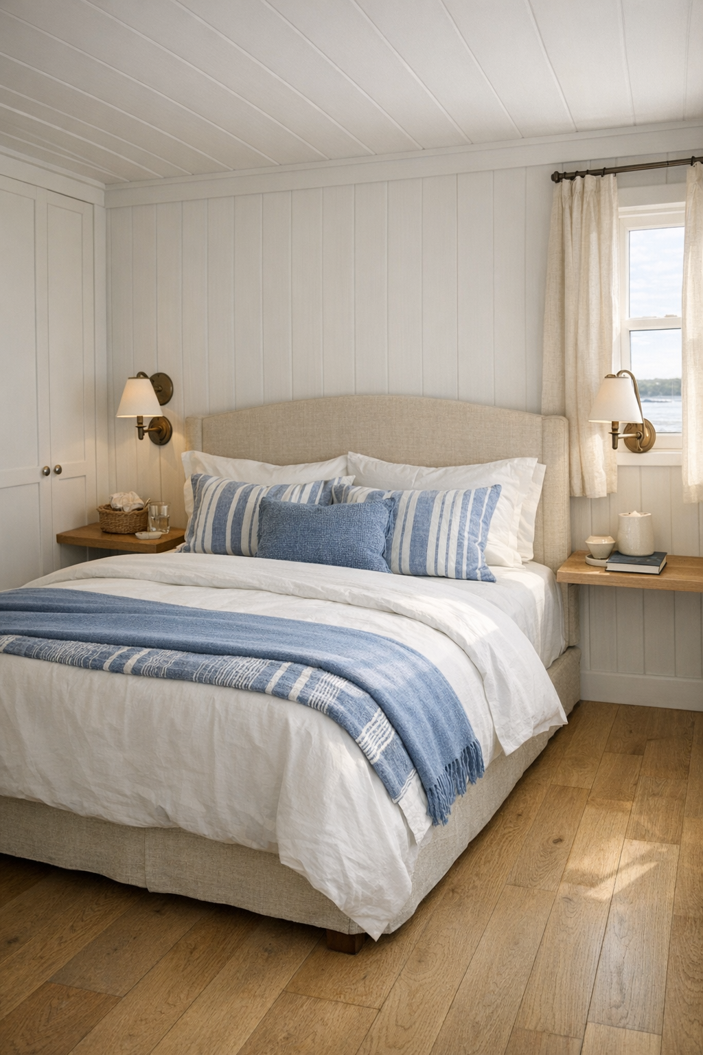 Calm coastal bedroom with paneled walls, linen headboard, and blue textiles