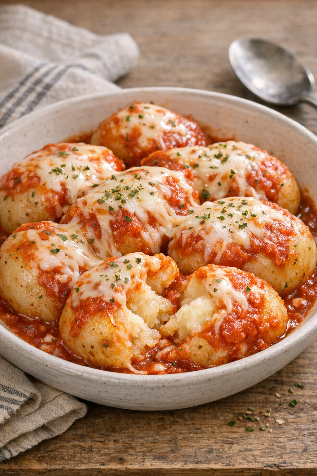 Finished cheesy pizza potatoes in a serving dish