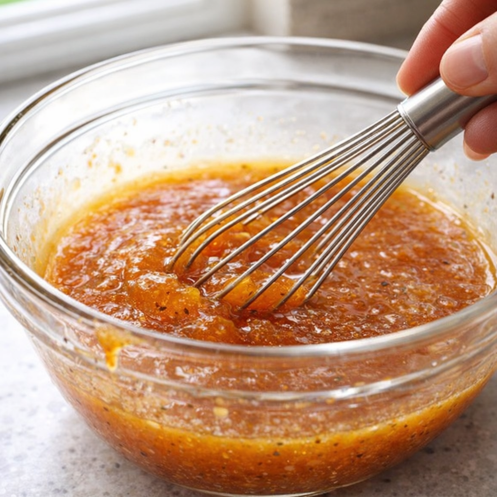 Apricot glaze being whisked in a mixing bowl