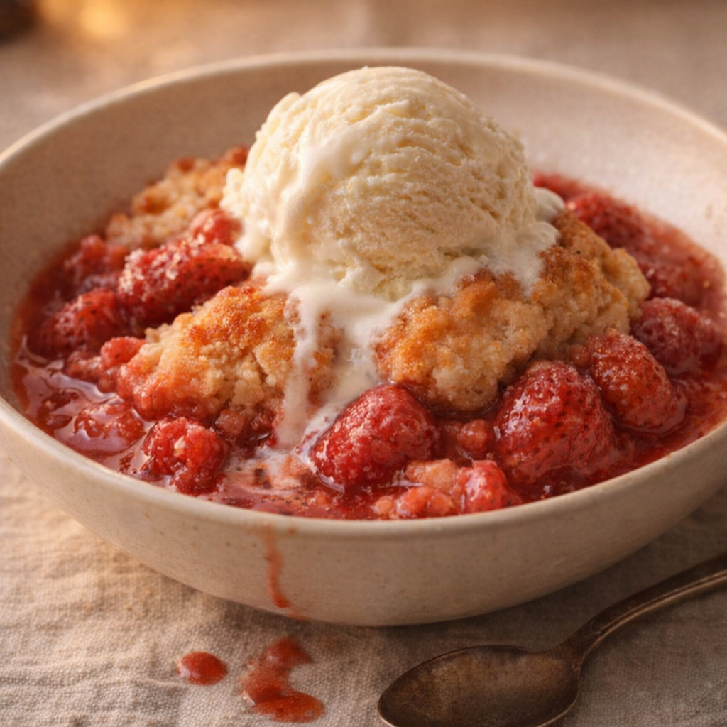 Bowl of warm strawberry cobbler with melting ice cream