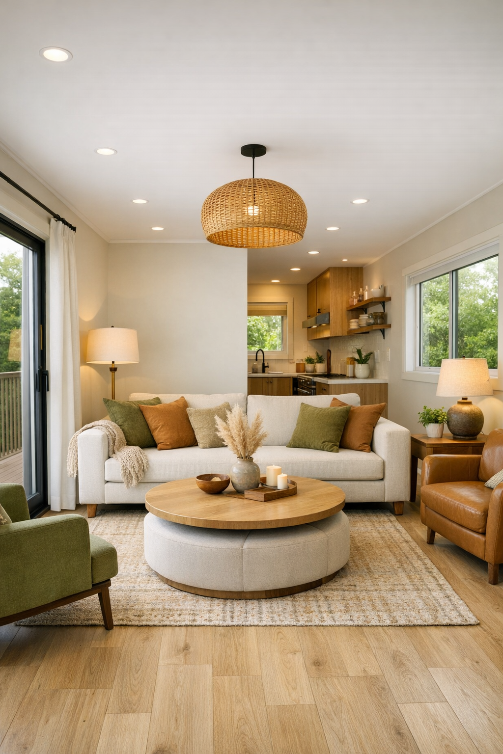 Bright accessible living room with pale oak floors and warm green accents