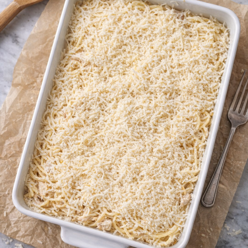 Unbaked tetrazzini topped with Parmesan before baking