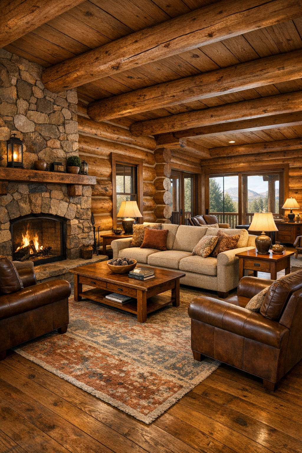 Living room with log walls, stone fireplace, and Amish-built wood furniture