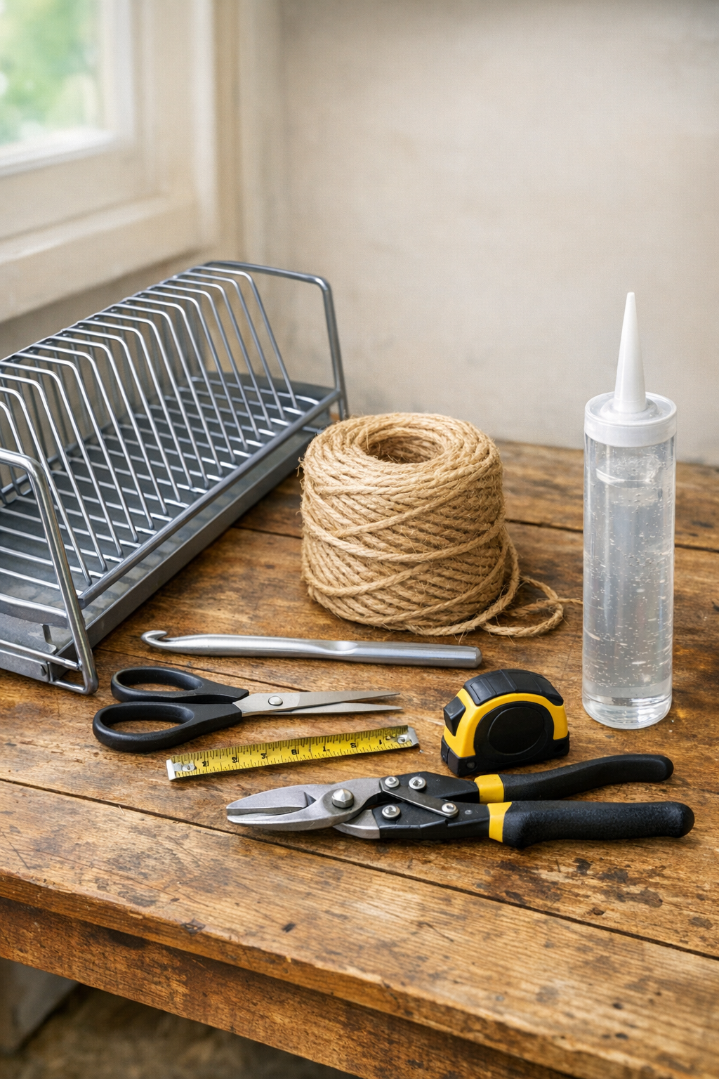 Materials for making a crocheted jute magazine rack with a metal dish rack