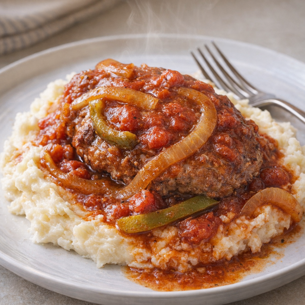 Slow cooker swiss steak served over mashed potatoes