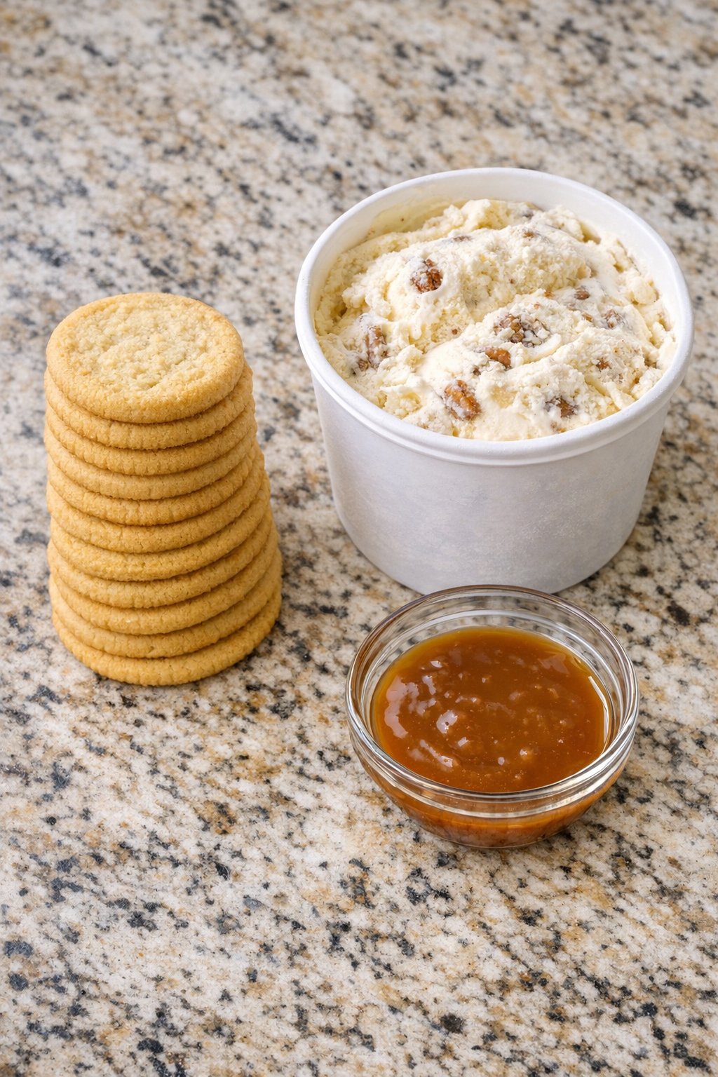 Shortbread cookies, butter pecan ice cream, and caramel sauce