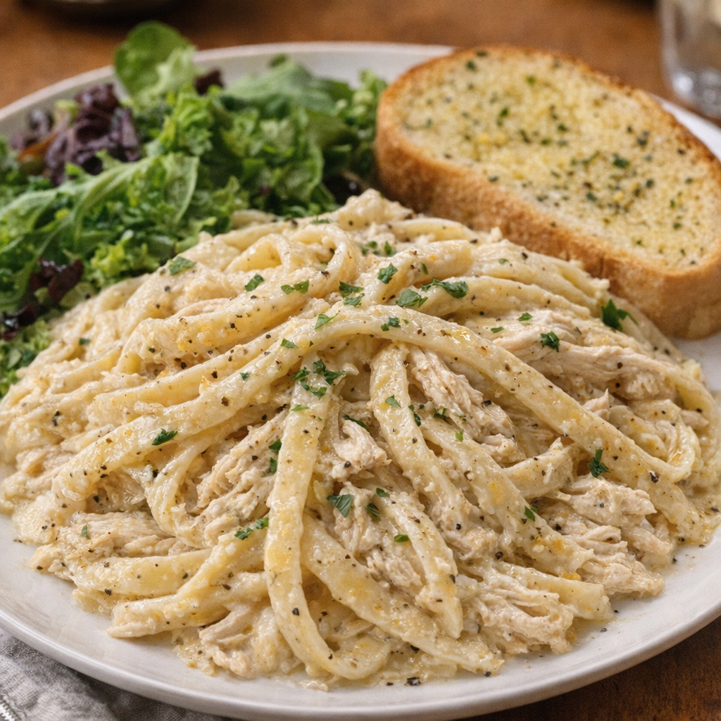 Serving of lemon pepper chicken pasta with salad and garlic bread