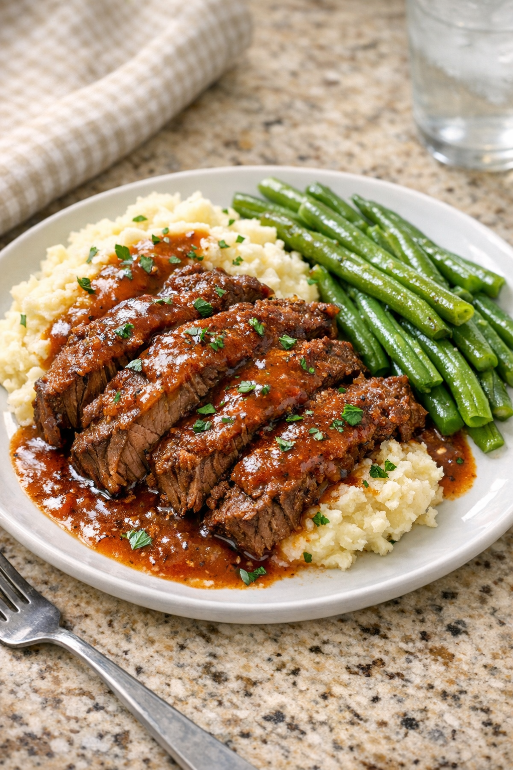 Finished Amish paprika beef plated with mashed potatoes