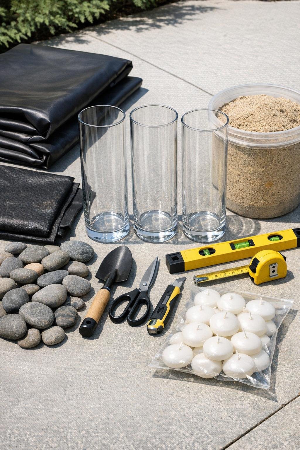 Materials for a floating candle pond laid out together