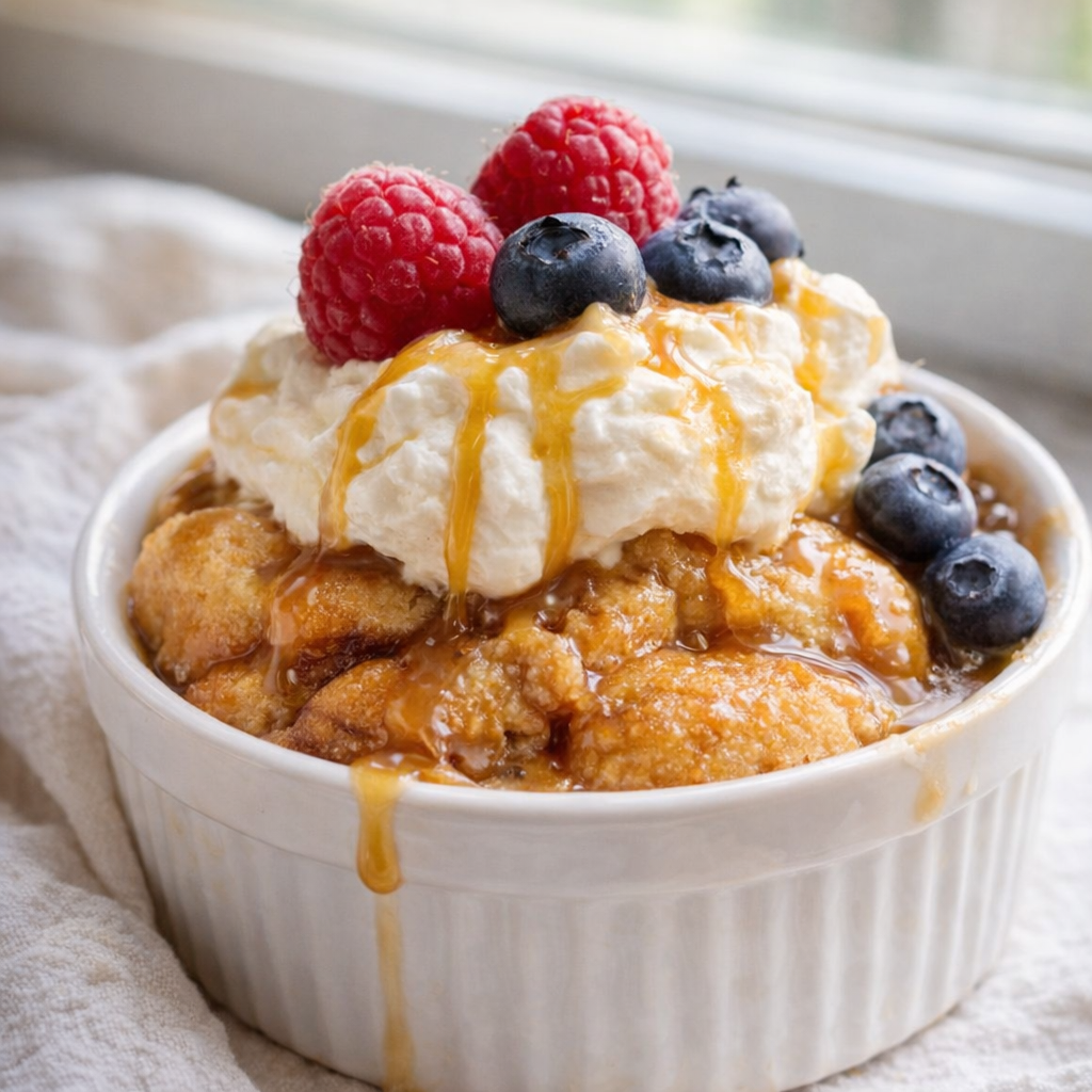 Dessert variation topped with berries and whipped cream