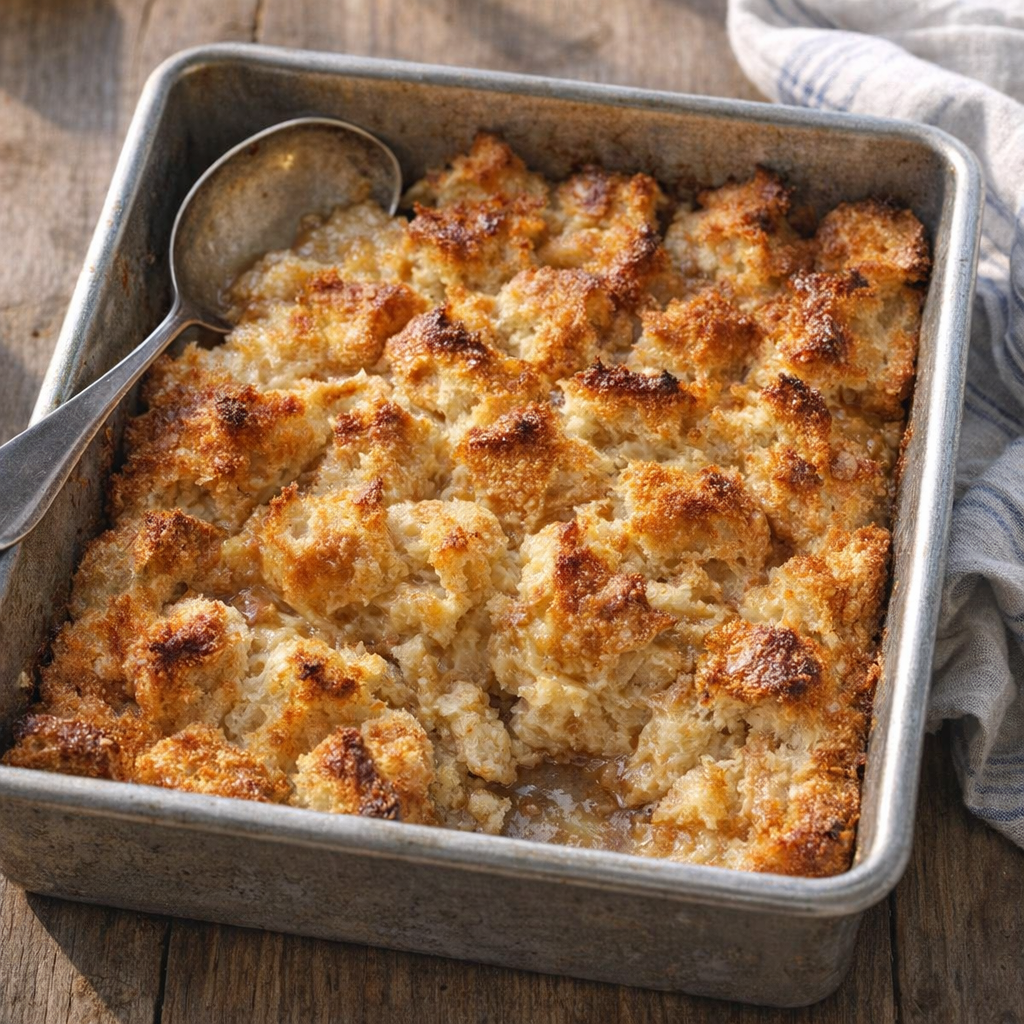 Warm baked torn bread dessert in a metal pan on a farmhouse table