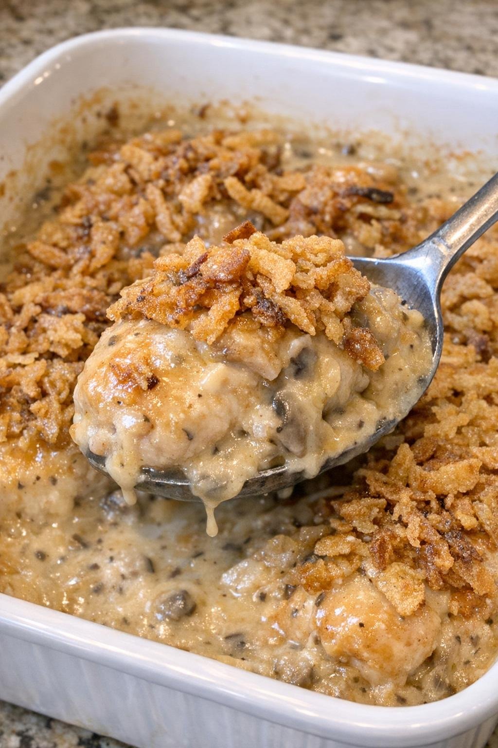 Golden chicken pieces in creamy mushroom sauce with crispy onion topping