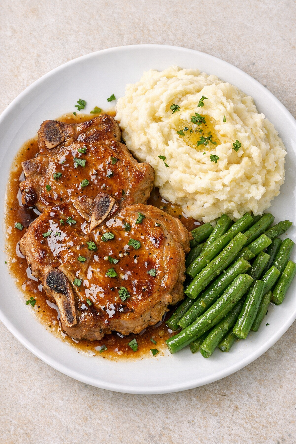 Finished slow cooker bone-in pork chops plated with sauce