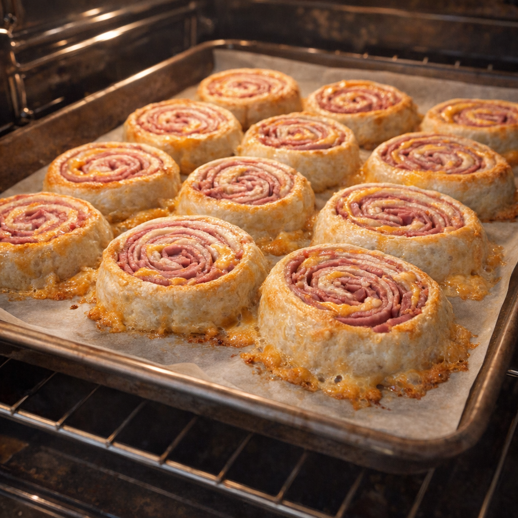 Pinwheels baking on a parchment-lined sheet pan