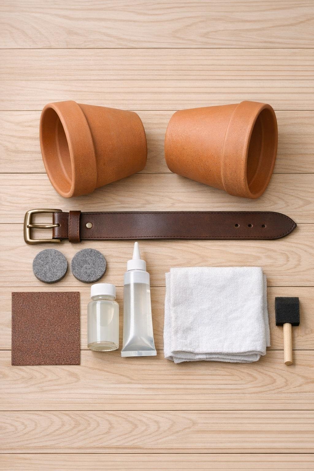 Materials for a terra cotta pot and leather belt magazine holder laid out neatly