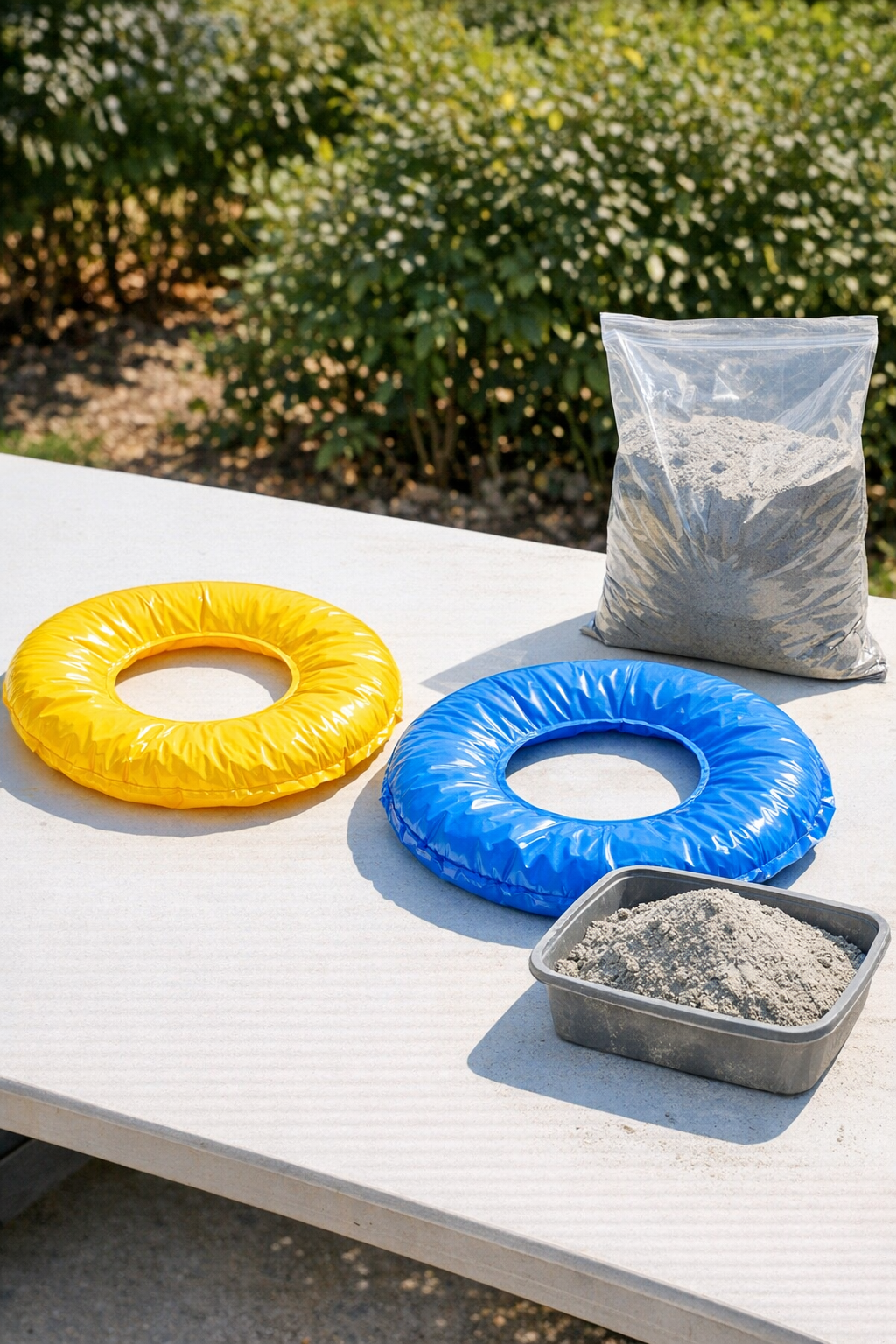 Materials for making cement-filled vinyl pool ring landscape weights