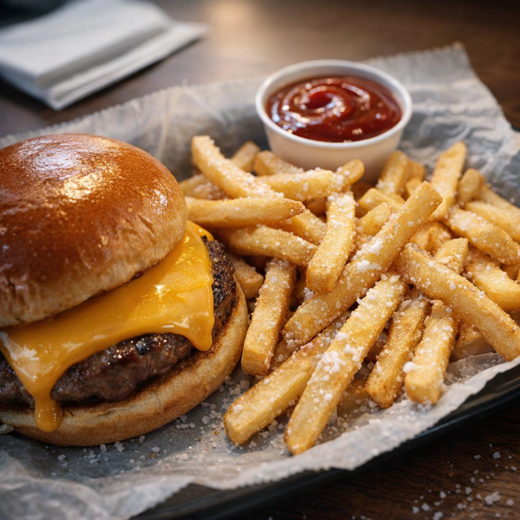 Burger meal with salty fries and dipping sauce