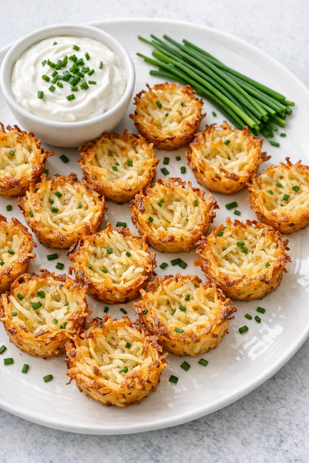Finished crispy potato nest cups plated with dipping sauce