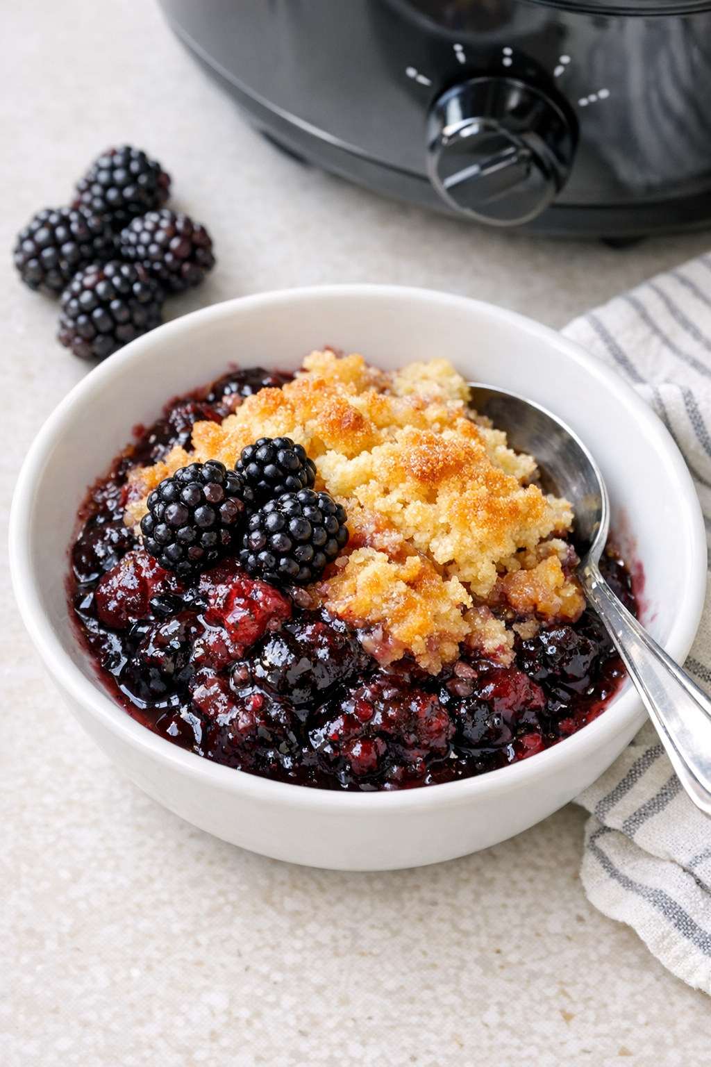 Finished blackberry slow cooker dessert in a serving bowl