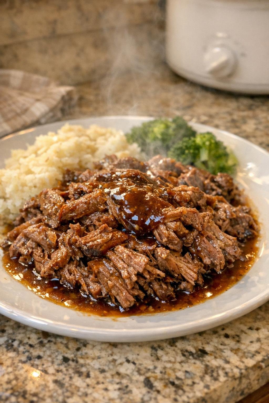 Plated shredded beef with sauce