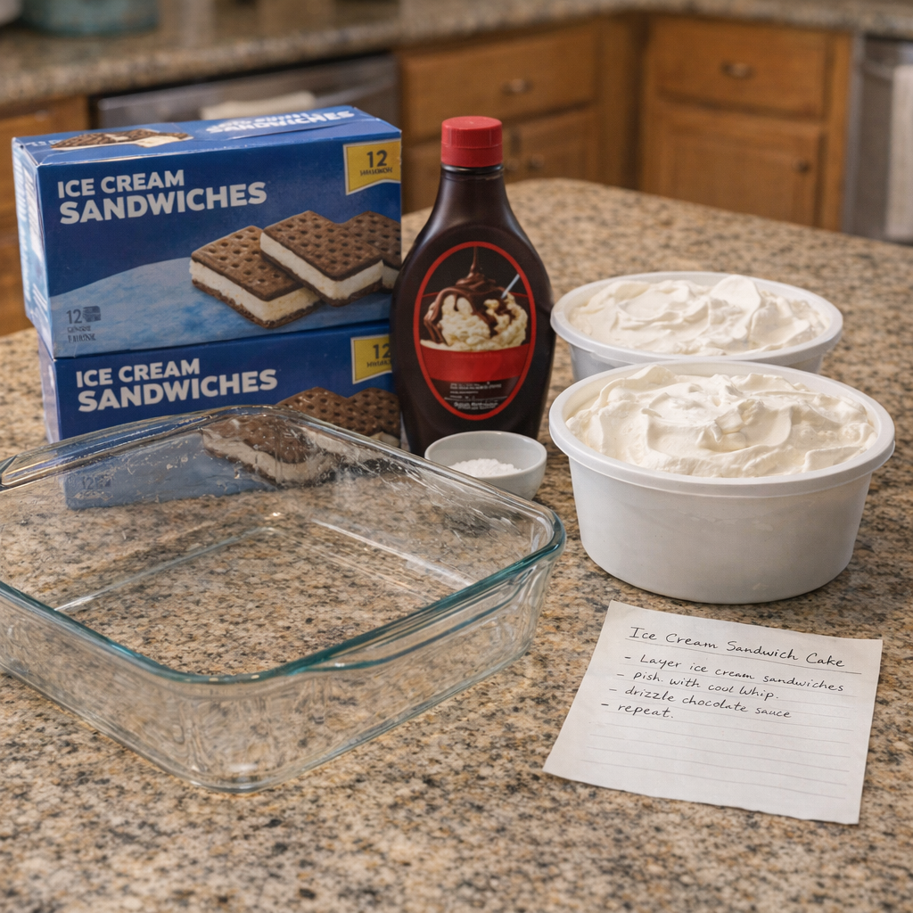 Ingredients for ice cream sandwich cake arranged on a counter