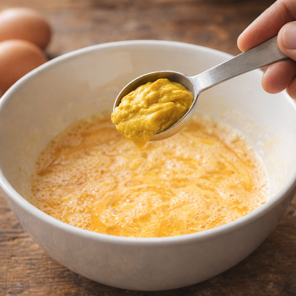 Mustard being spooned into beaten eggs in a mixing bowl