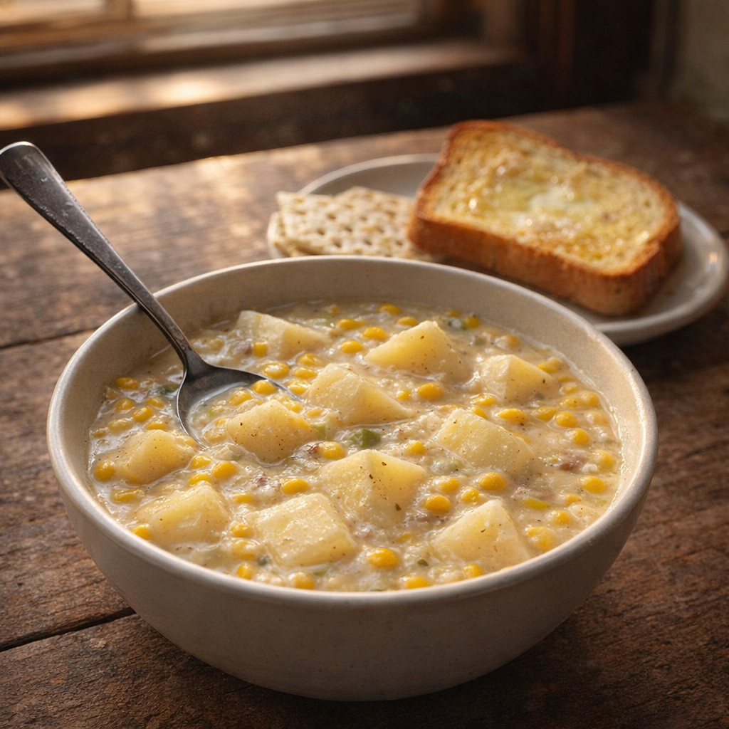 Finished chowder served with crackers and toast in a cozy kitchen setting