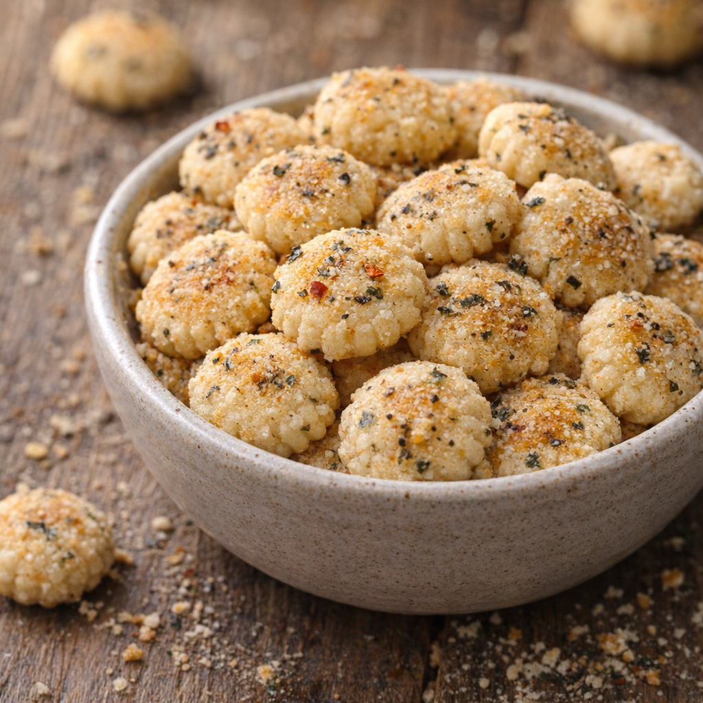 Close-up of ranch oyster crackers with a hint of red pepper seasoning