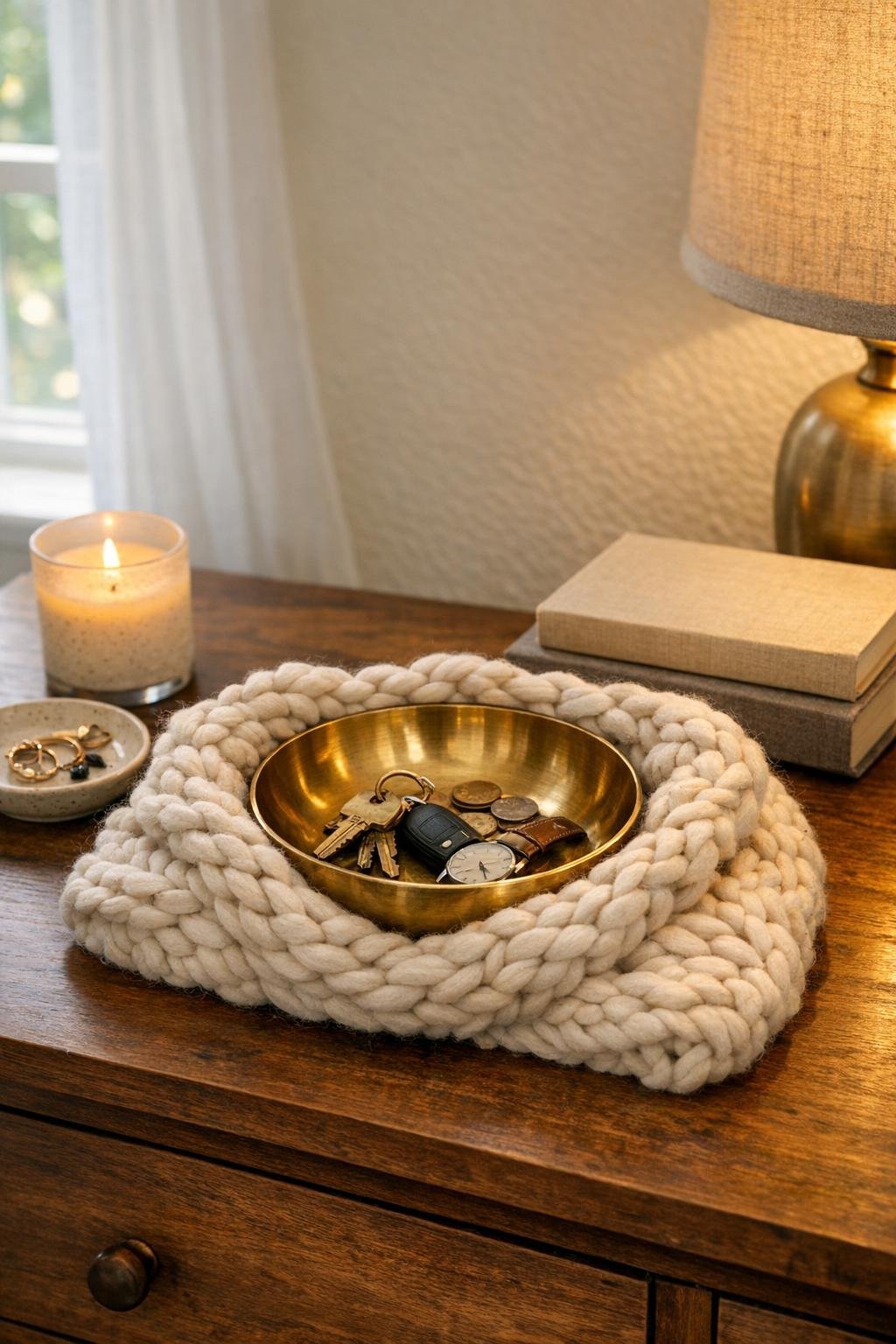 Finished brass bowl catchall nestled in a chunky knit scarf on a bedroom dresser