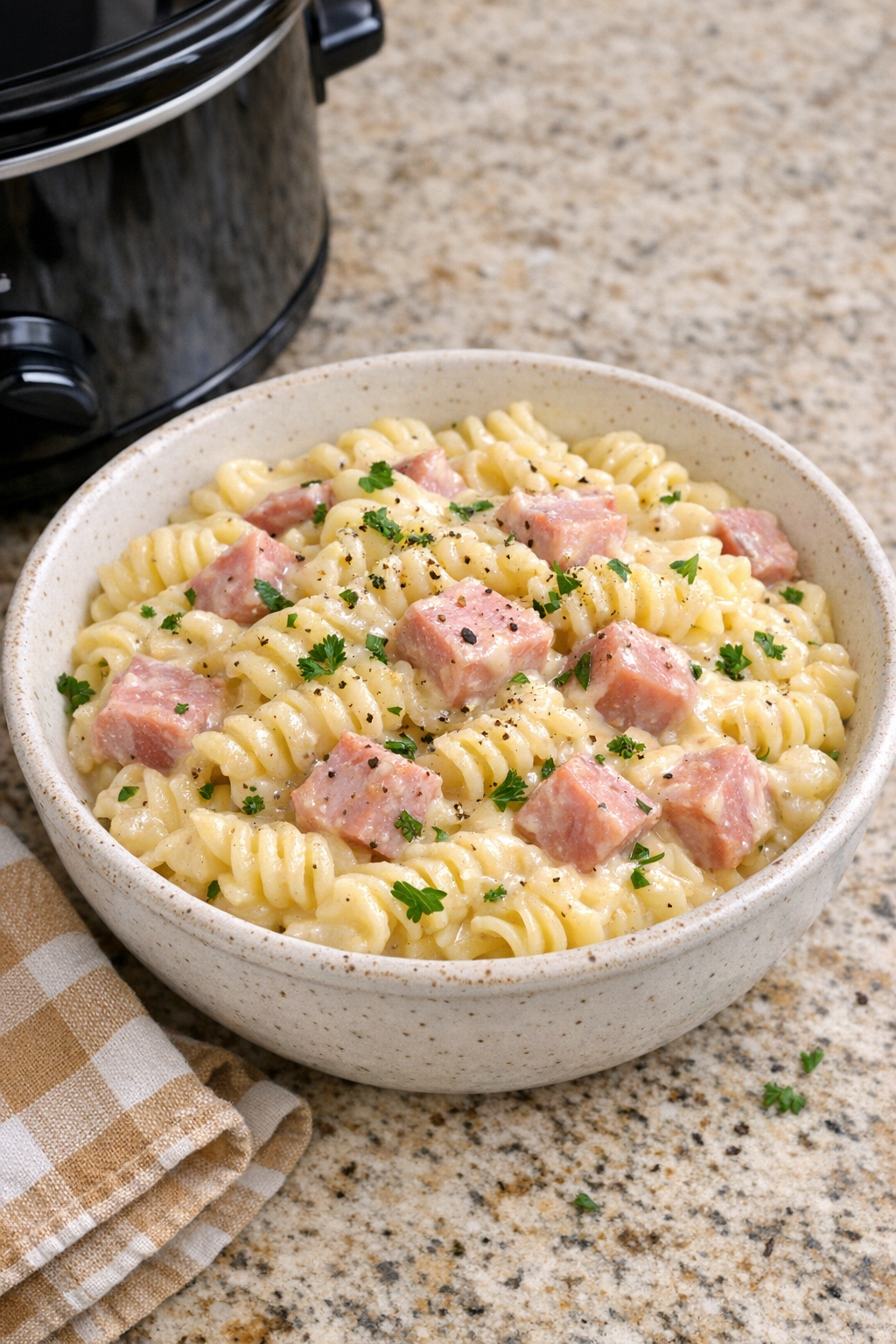 Finished creamy ham pasta with Monterey Jack in a rustic serving bowl