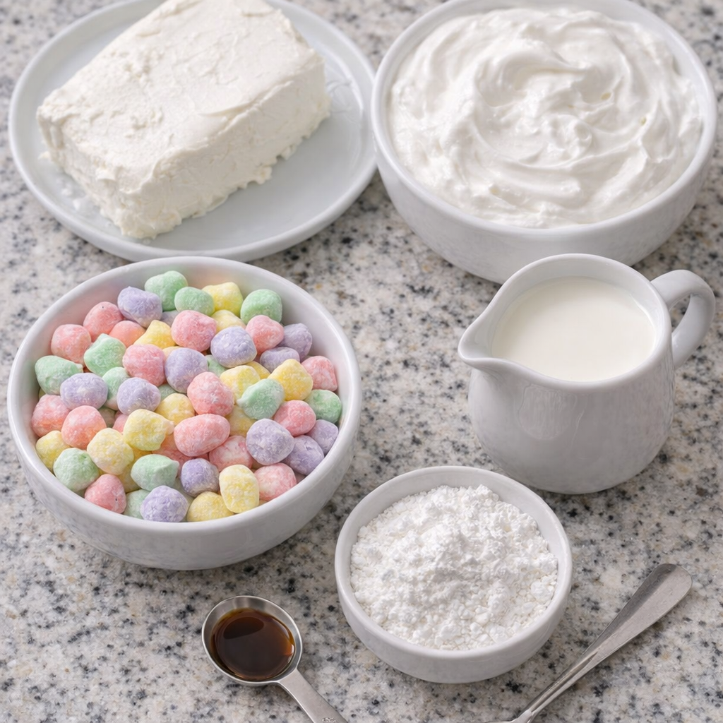 Cream cheese, marshmallow creme, heavy cream, vanilla, and pastel candies arranged on a countertop