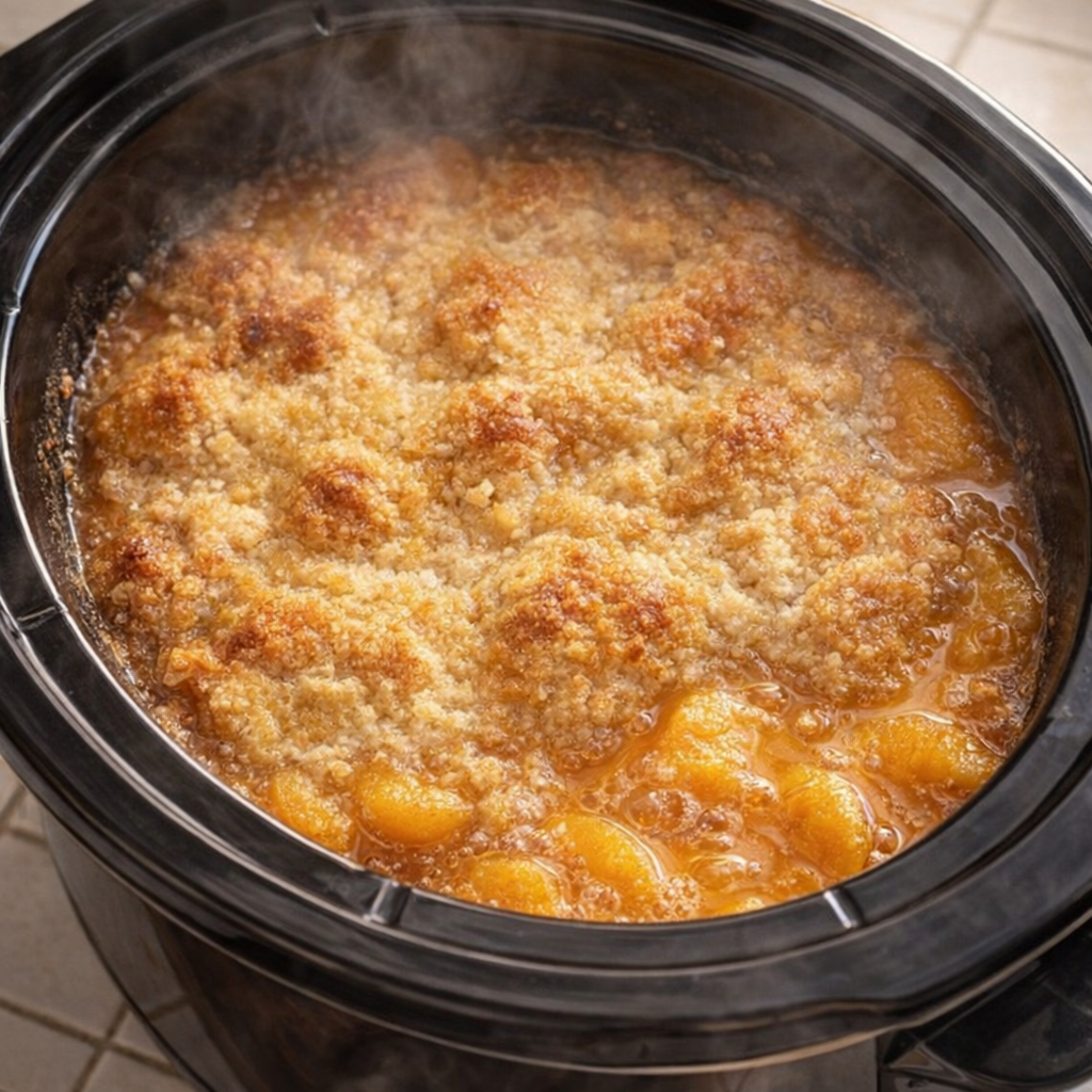 Freshly cooked peach cobbler bubbling in the slow cooker