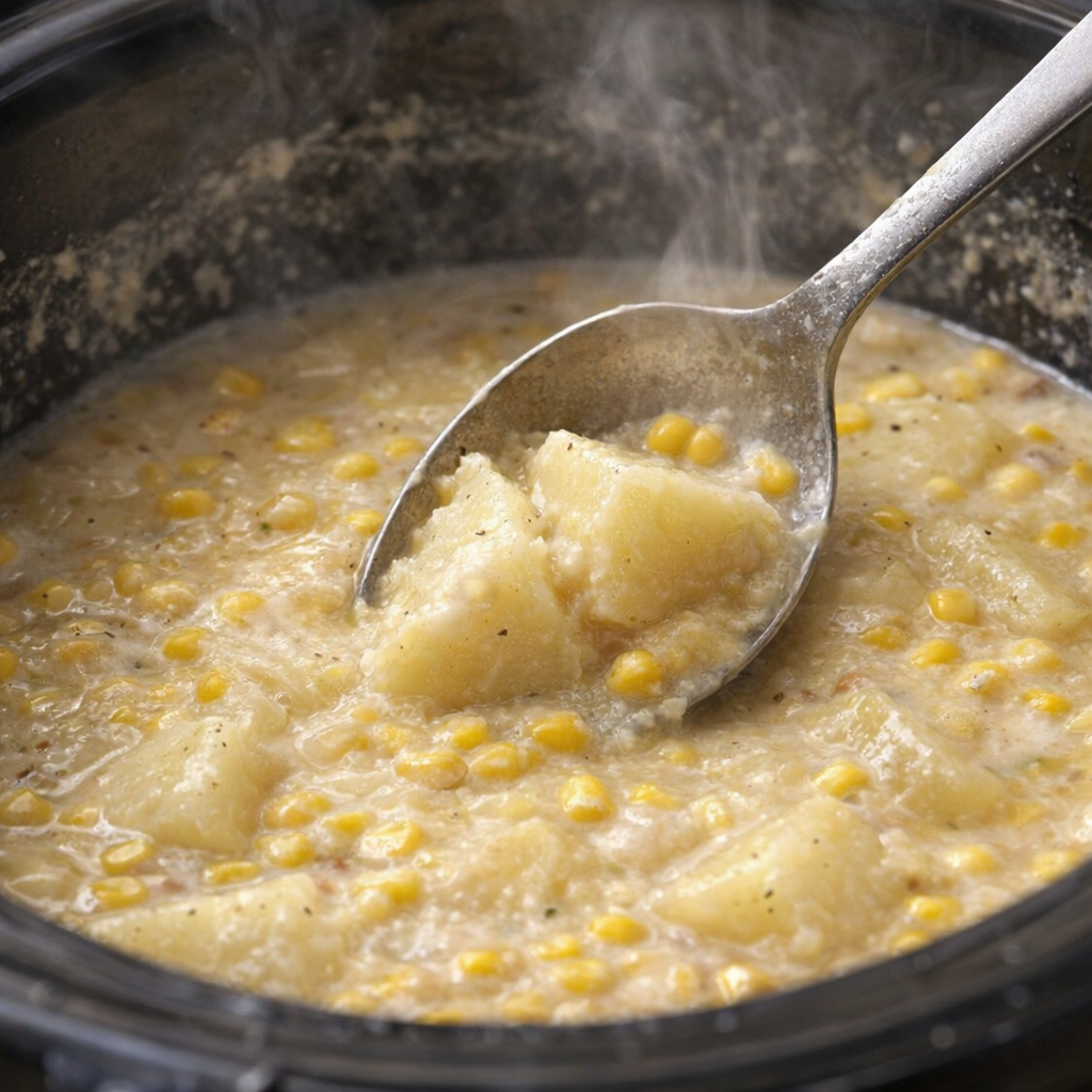 Spoon mashing tender potatoes in creamy chowder inside the slow cooker