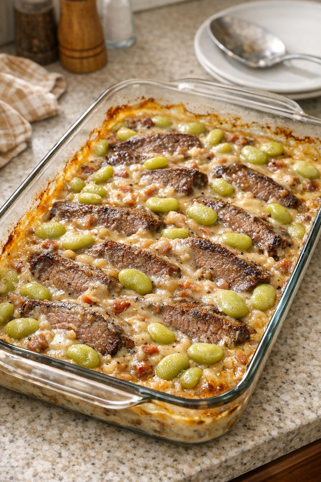 Finished Amish beef and lima bean casserole in a baking dish