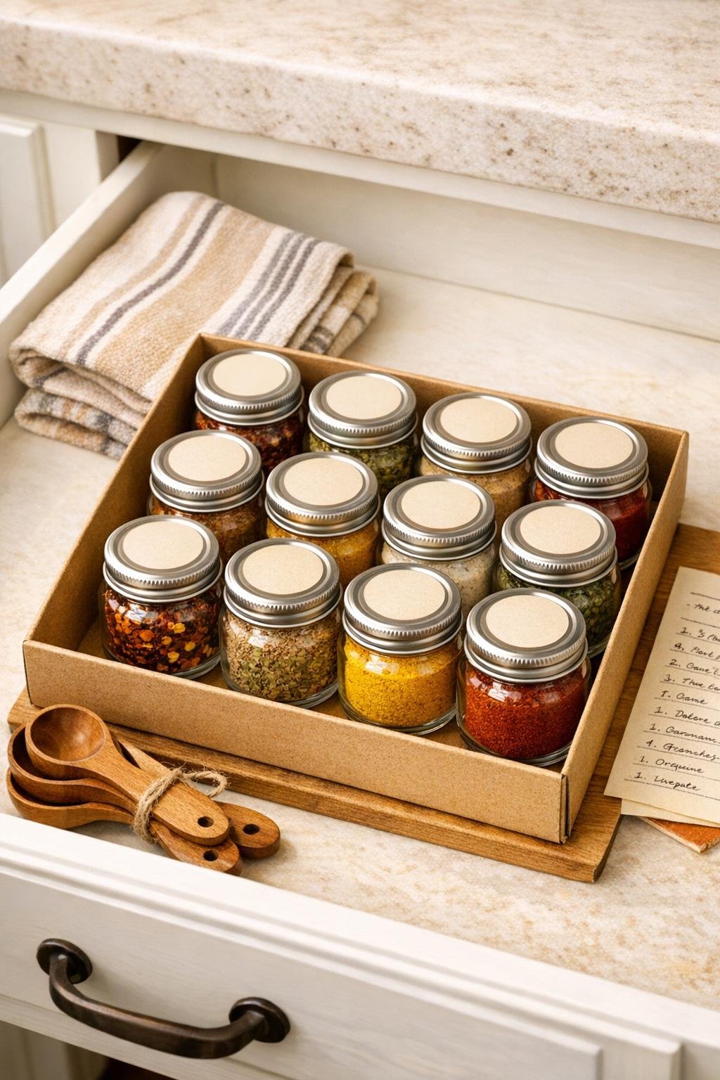 Finished baby food jar spice drawer organizer inside a kitchen drawer