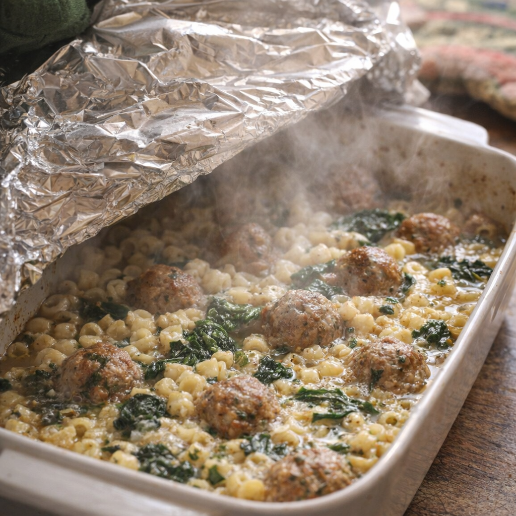 Foil lifted from baked casserole with rising steam